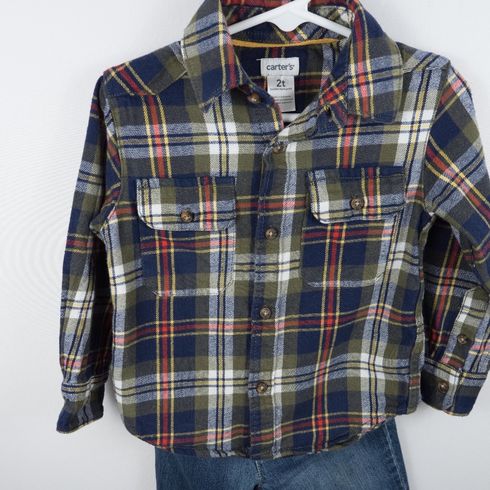 Boy's Skinny Jeans and Plaid Button Down Outfit 2T